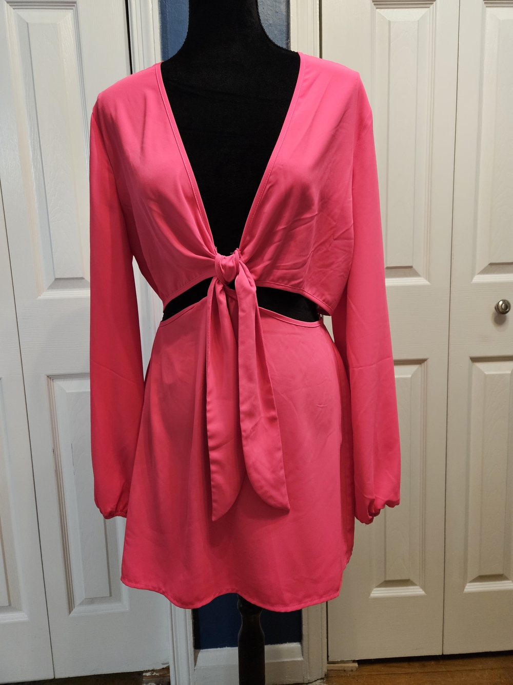 Royalty For Me Hot Pink Long Sleeve Mini Dress with Front Tie